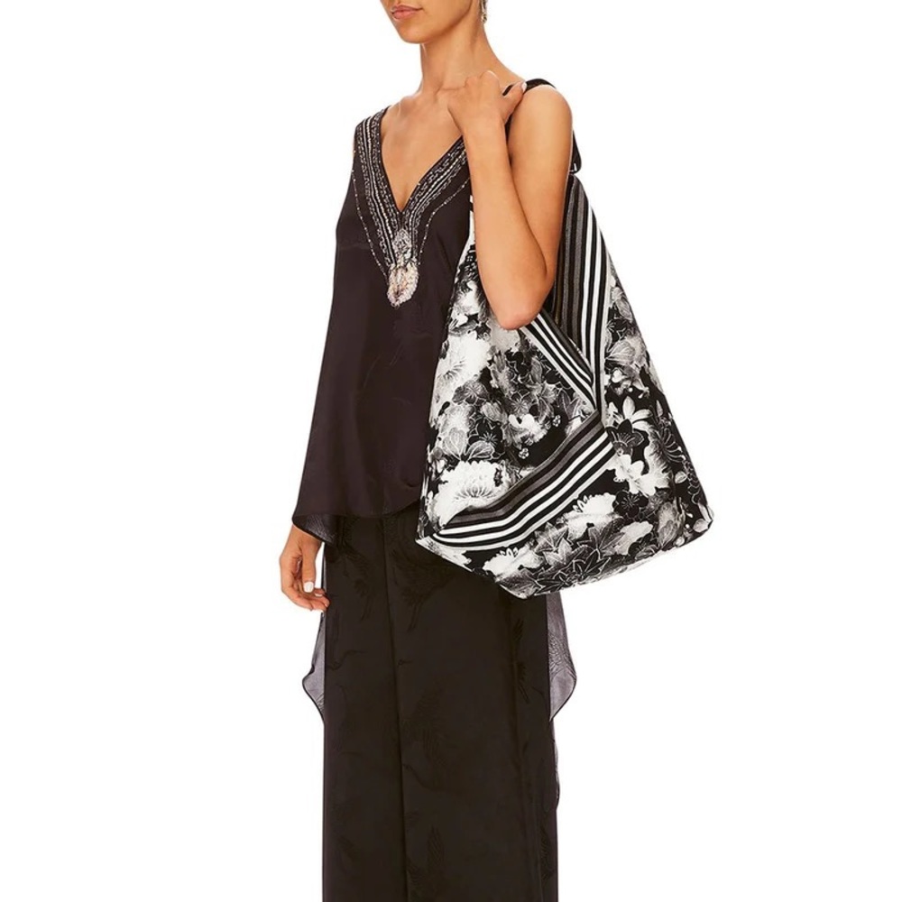CAMILLA *Wild Moonchild* black gray floral stripe xl overnight travel beach bag